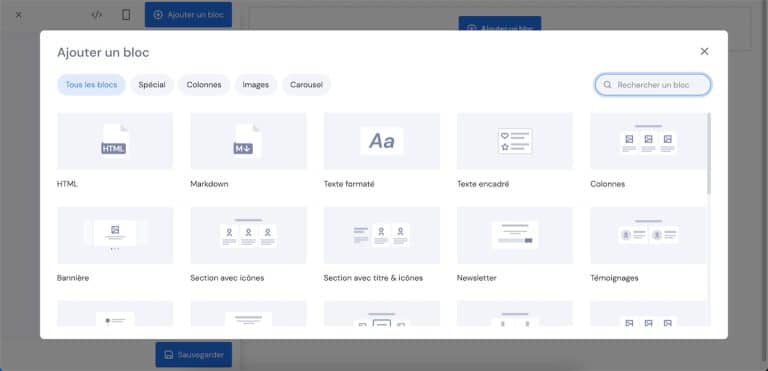 L'interface simplifiée de création de sites