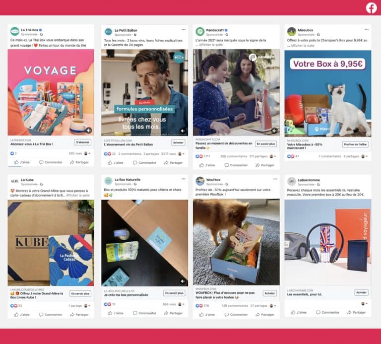 Des publicités Facebook ads publiées par des Box