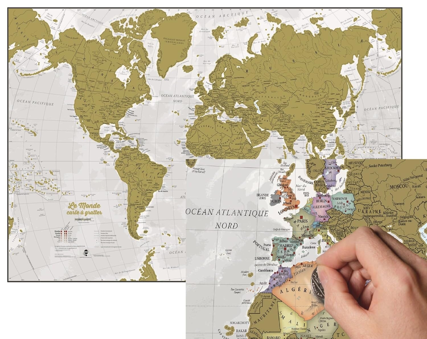 Carte Maps International française blanche et dorée, présentée partiellement grattée
