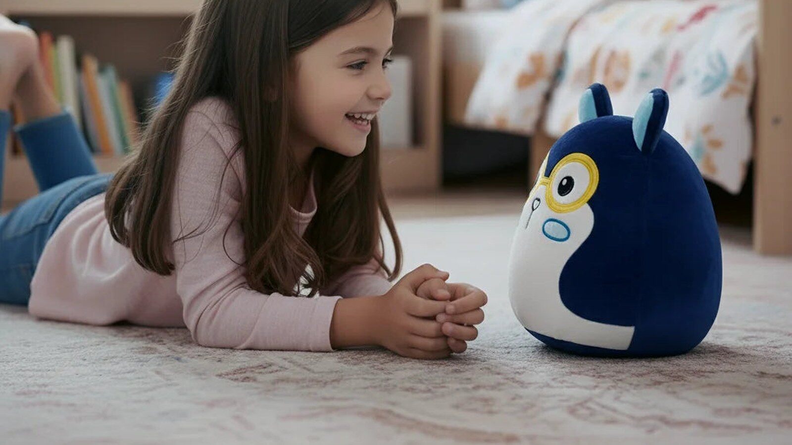 Une petite fille allongée sur un tapis de chambre d’enfant sourit à la peluche Ary, bleue et blanche avec de grandes lunettes rondes