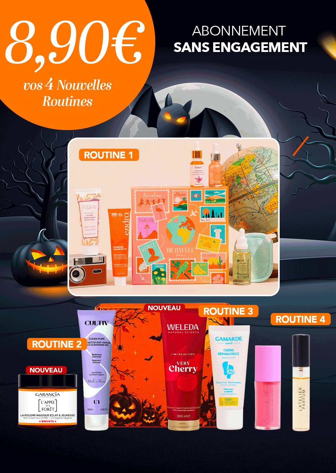 Visuel officiel de l’offre Halloween Biotyfull Box montrant la box Voyage autour du Monde et les produits des trois autres routines