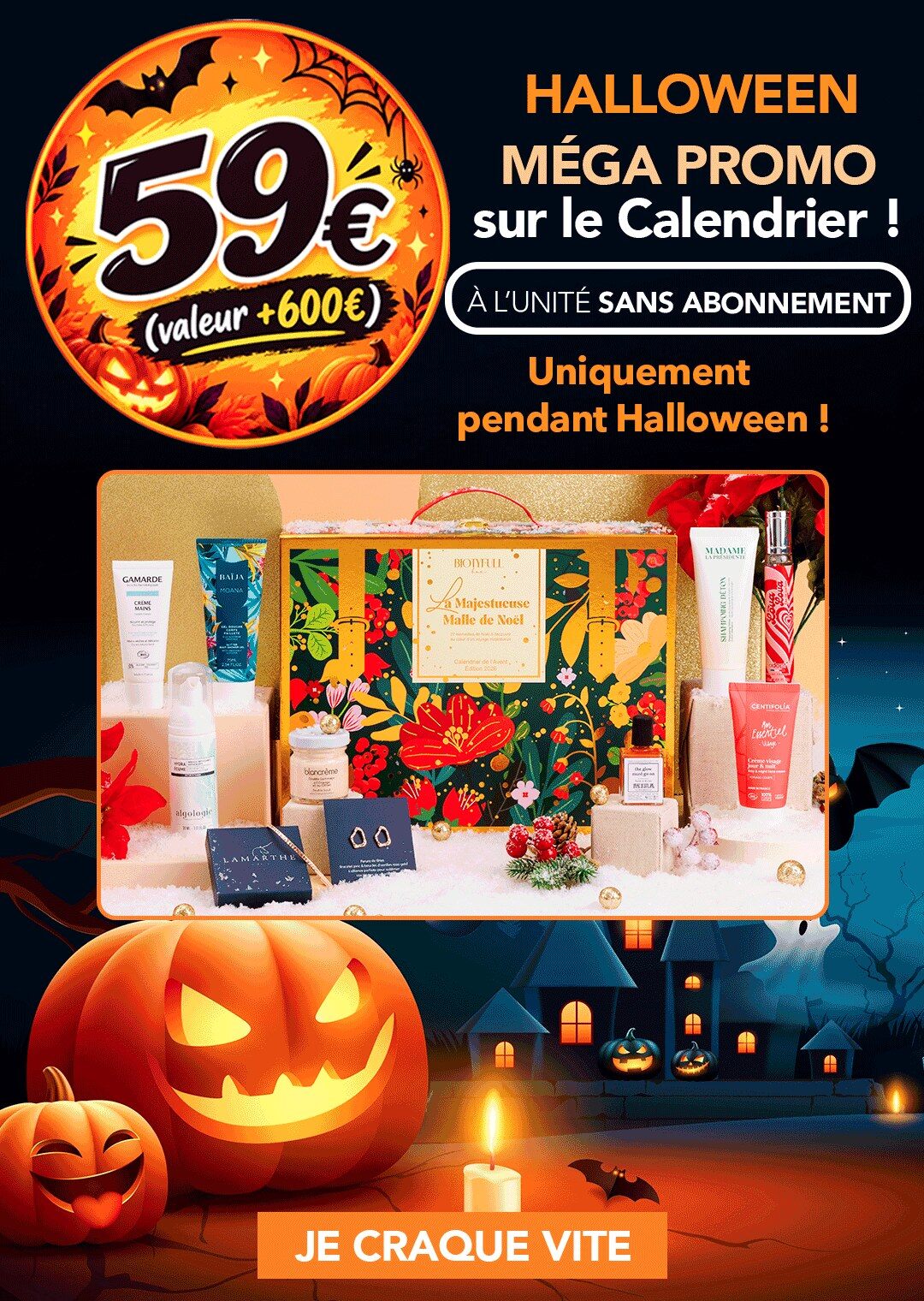 Visuel officiel de la promo Halloween Biotyfull Box avec le calendrier La Majestueuse Malle de Noël entouré de ses produits