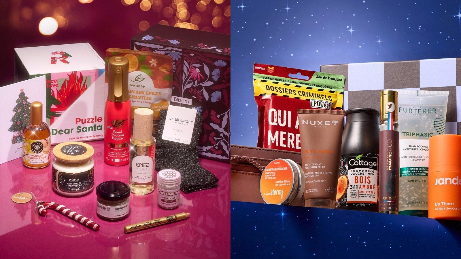 Les coffrets de Noël Blissim Christmas Mood et Les Incontournables de Monsieur mis en scène avec leurs produits