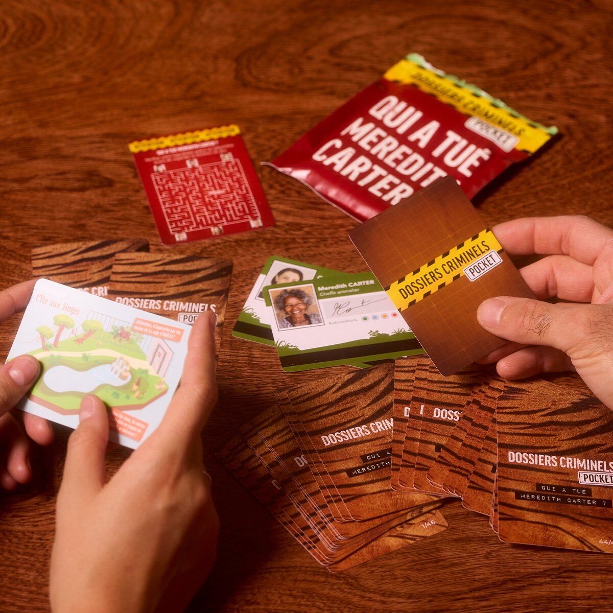 Mains tenant les cartes du jeu d’enquête Platonia Games