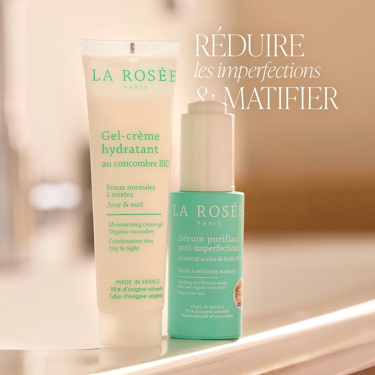 Tube de gel-crème hydratant et flacon de sérum purifiant La Rosée, avec la mention Réduire les imperfections et matifier