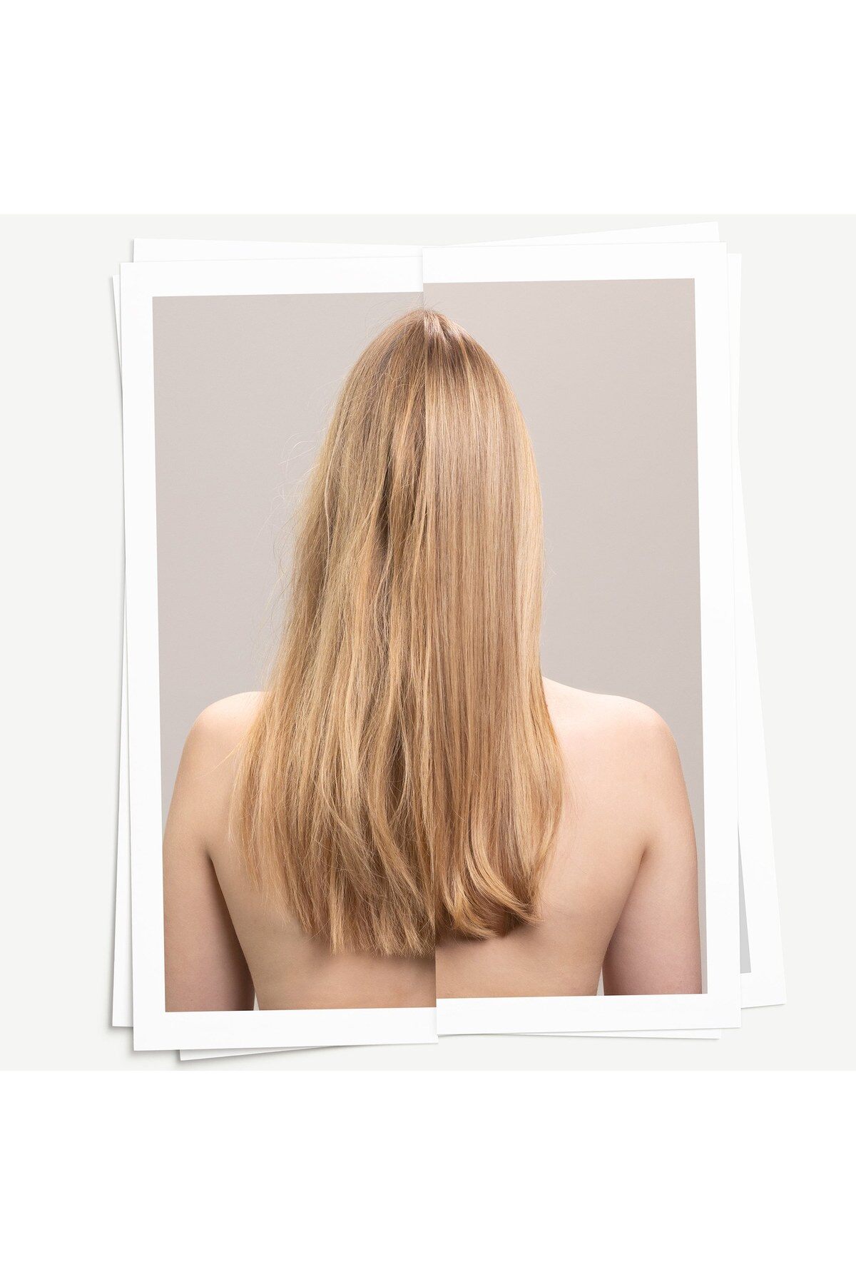 Dos d’une femme aux longs cheveux blonds et brillants, visuel de l’huile Oi Oil de Davines