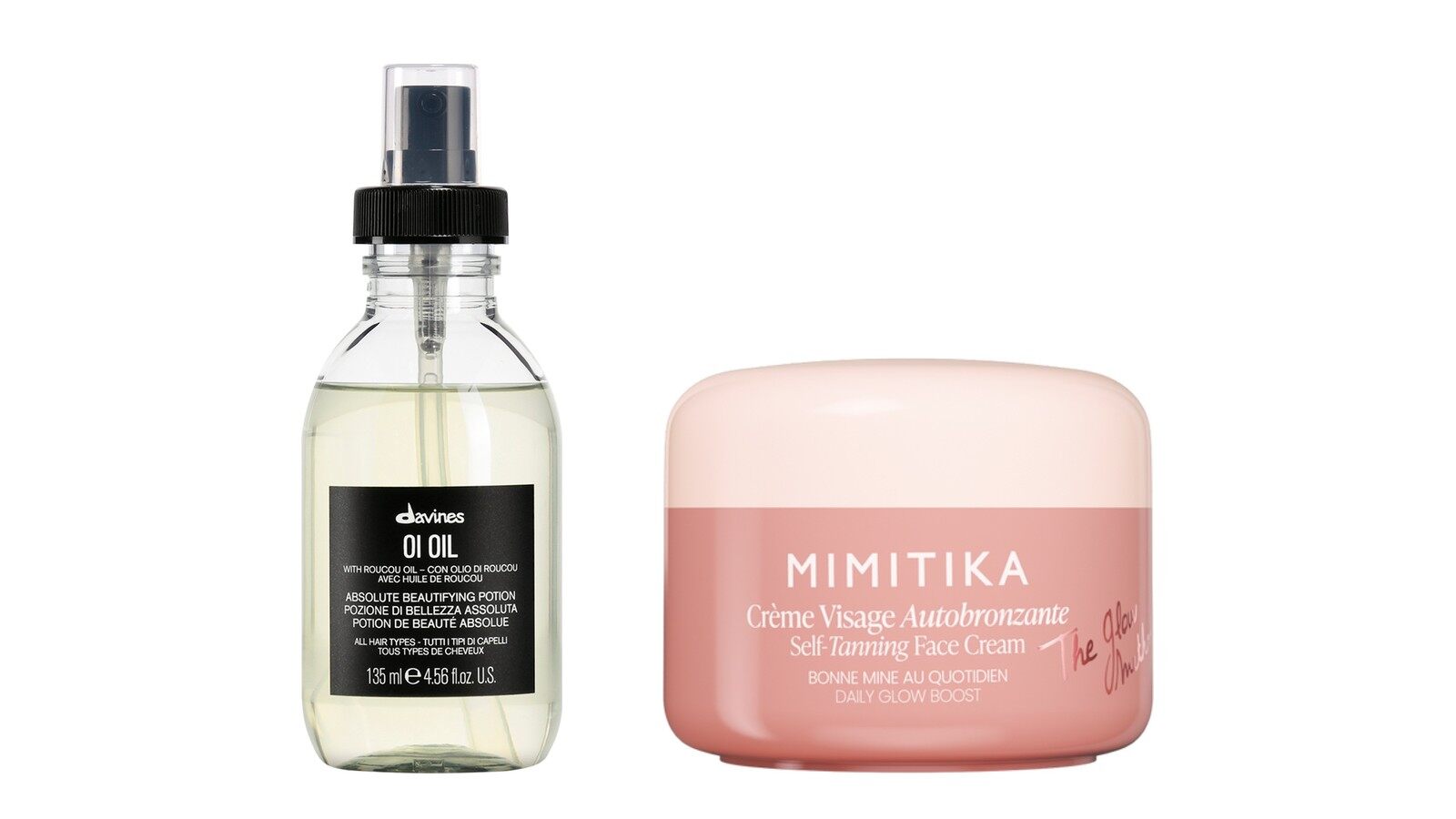 Flacon d’huile Oi Oil de Davines et pot de crème visage autobronzante Mimitika, deux produits annoncés dans la box Blissim de novembre 2026