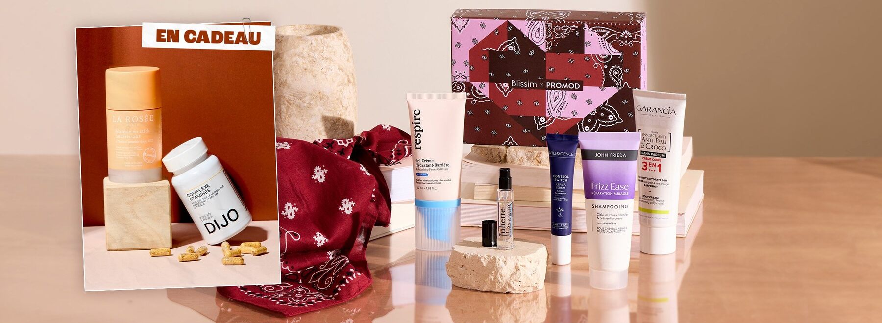 La box Blissim d’octobre 2026 en collaboration avec Promod, avec ses soins et son foulard, et les cadeaux Dijo et La Rosée offerts