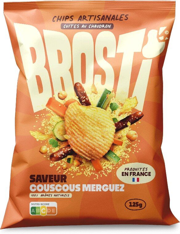 Paquet orange de chips Brosti saveur couscous merguez, chips artisanales cuites au chaudron, 125 g