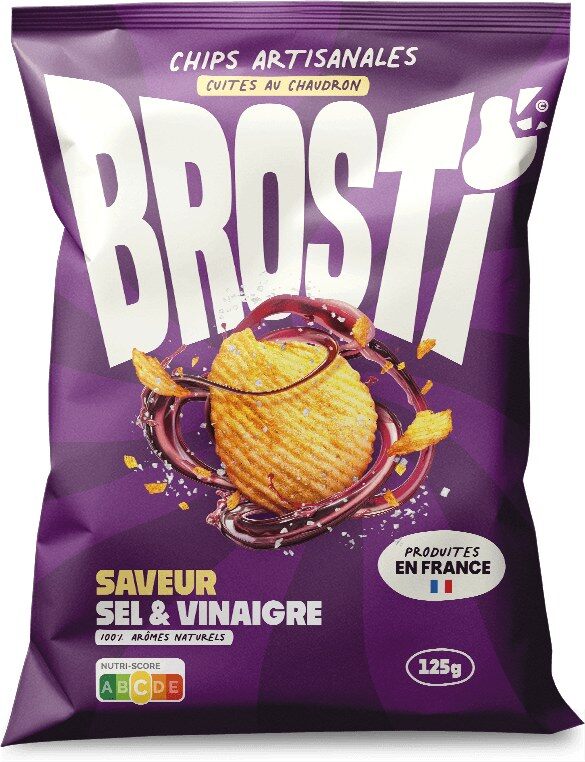 Paquet violet de chips Brosti saveur sel et vinaigre, 125 g, produit en France