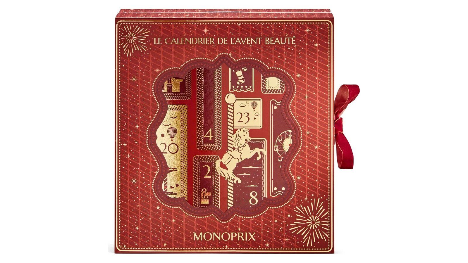 Coffret rouge et or du calendrier de l’Avent beauté Monoprix 2026, orné d’un carrousel et noué d’un ruban rouge