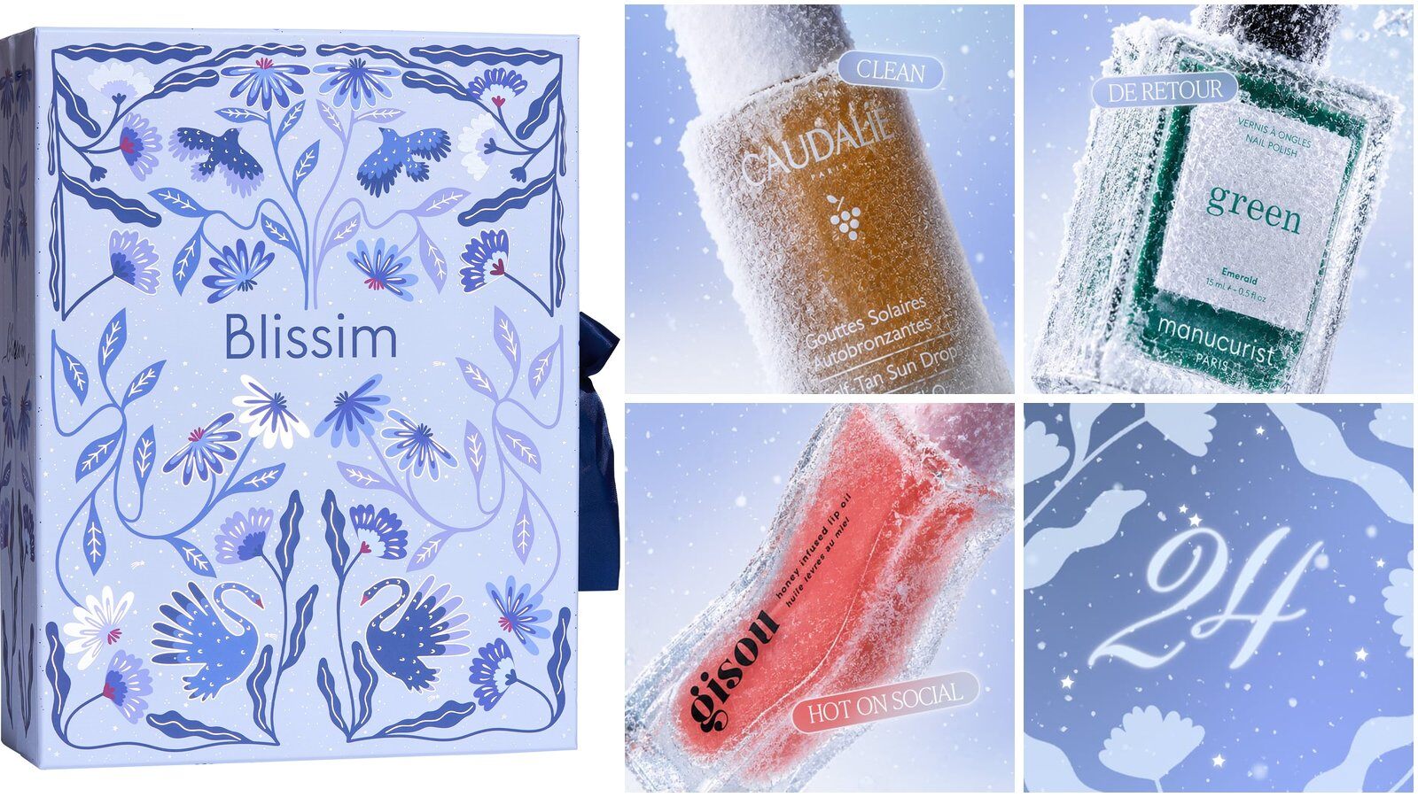 Le calendrier de l’Avent Blissim 2026, coffret bleu et blanc à motifs de fleurs et d’oiseaux, entouré des cases ouvertes Caudalie, Manucurist et Gisou
