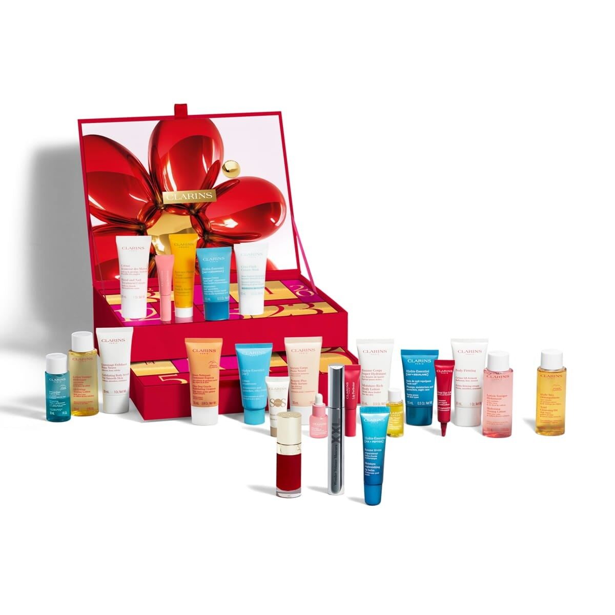 Calendrier de l’Avent Clarins 2026 fermé, coffret rouge et doré vue de face