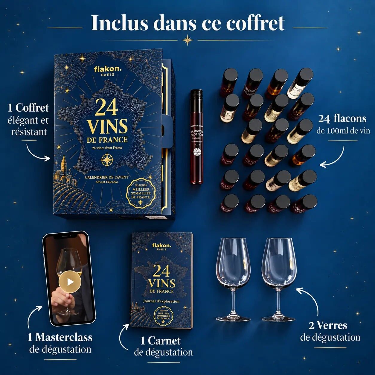 Le contenu du calendrier de l’Avent Flakon 24 Vins de France 2026 : le coffret bleu nuit, 24 flacons de vin de 100 ml, deux verres, un carnet et une masterclass sur smartphone