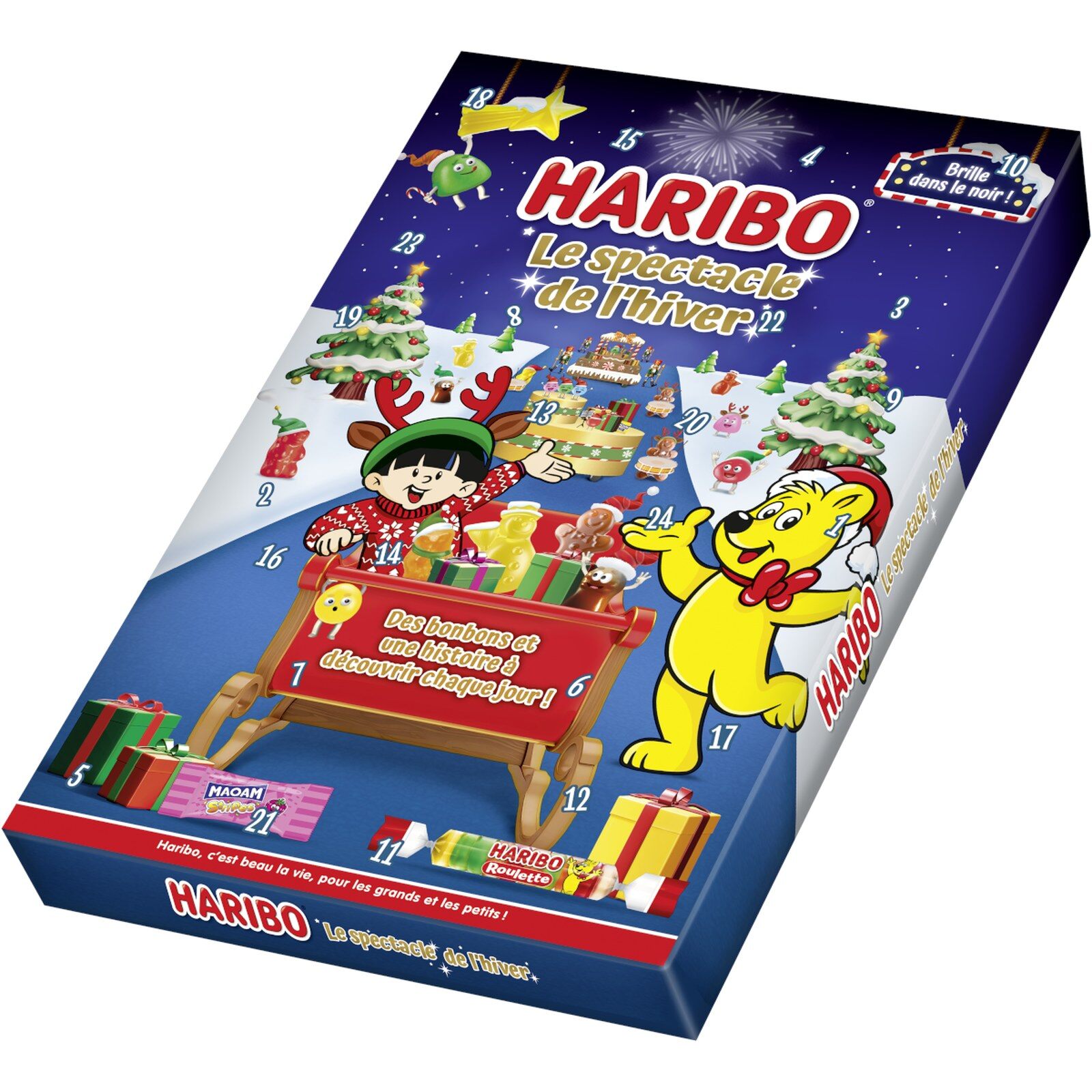 Boîte du calendrier de l’Avent Haribo Le spectacle de l’hiver, avec l’ourson d’or et un traîneau de bonbons sous la neige