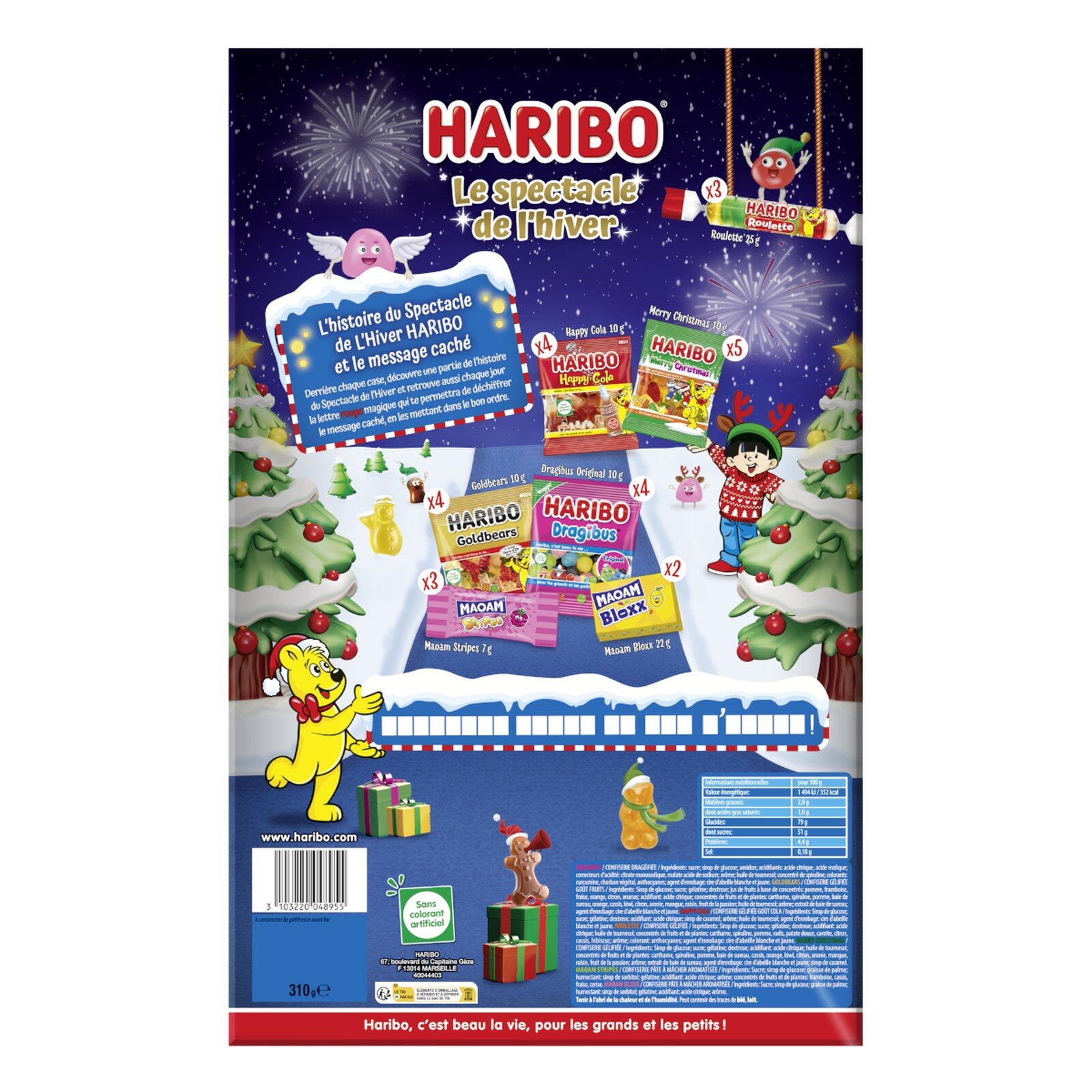 Dos du calendrier de l’Avent Haribo Le spectacle de l’hiver, avec les sachets de bonbons et le jeu du message caché