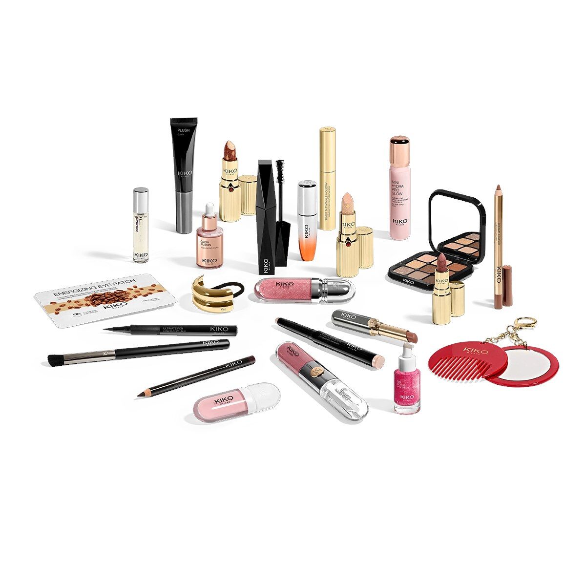 Les 24 produits du calendrier de l’Avent Kiko 2026 disposés autour du coffret