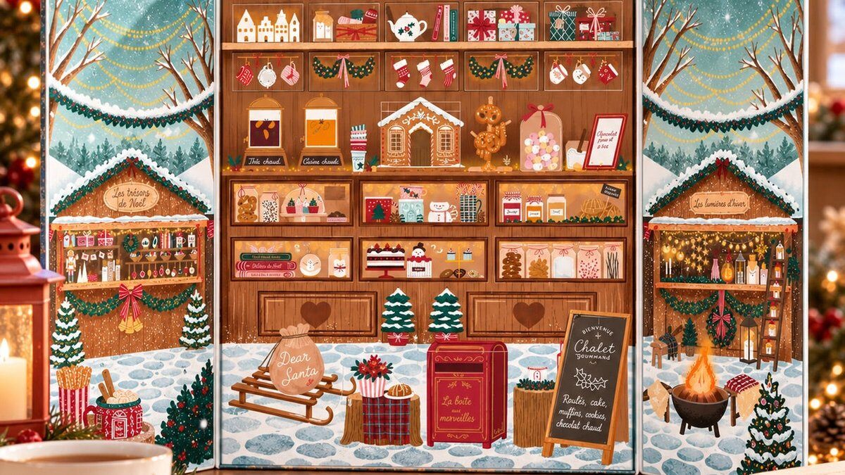 Le calendrier de l’Avent La Thé Box 2026 Le Marché des Merveilles ouvert, illustré d’un marché de Noël avec ses chalets enneigés