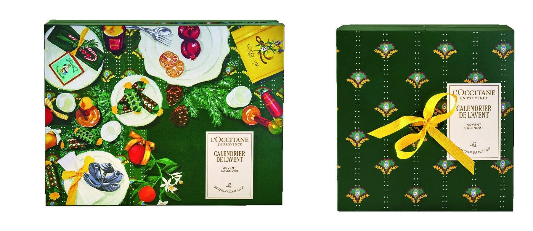 Les coffrets fermés des calendriers L’Occitane 2026 : la Classique couverte d’une table de fête peinte et la Prestige vert sapin à motifs, nouée d’un ruban jaune