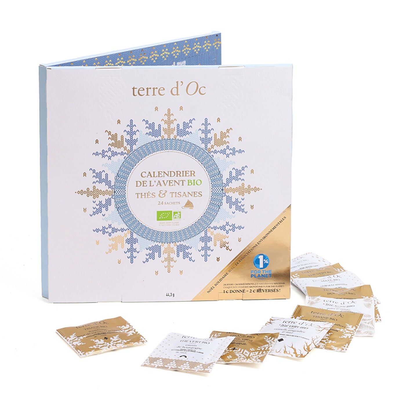 Calendrier de l’Avent Terre d’Oc 24 thés et infusions bio, coffret blanc et bleu avec ses sachets