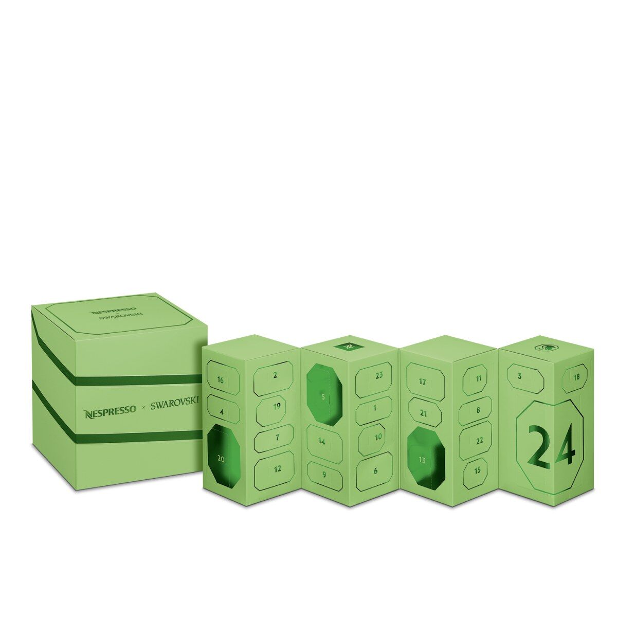 Calendrier de l’Avent Nespresso x Swarovski Vertuo 2026, coffret vert