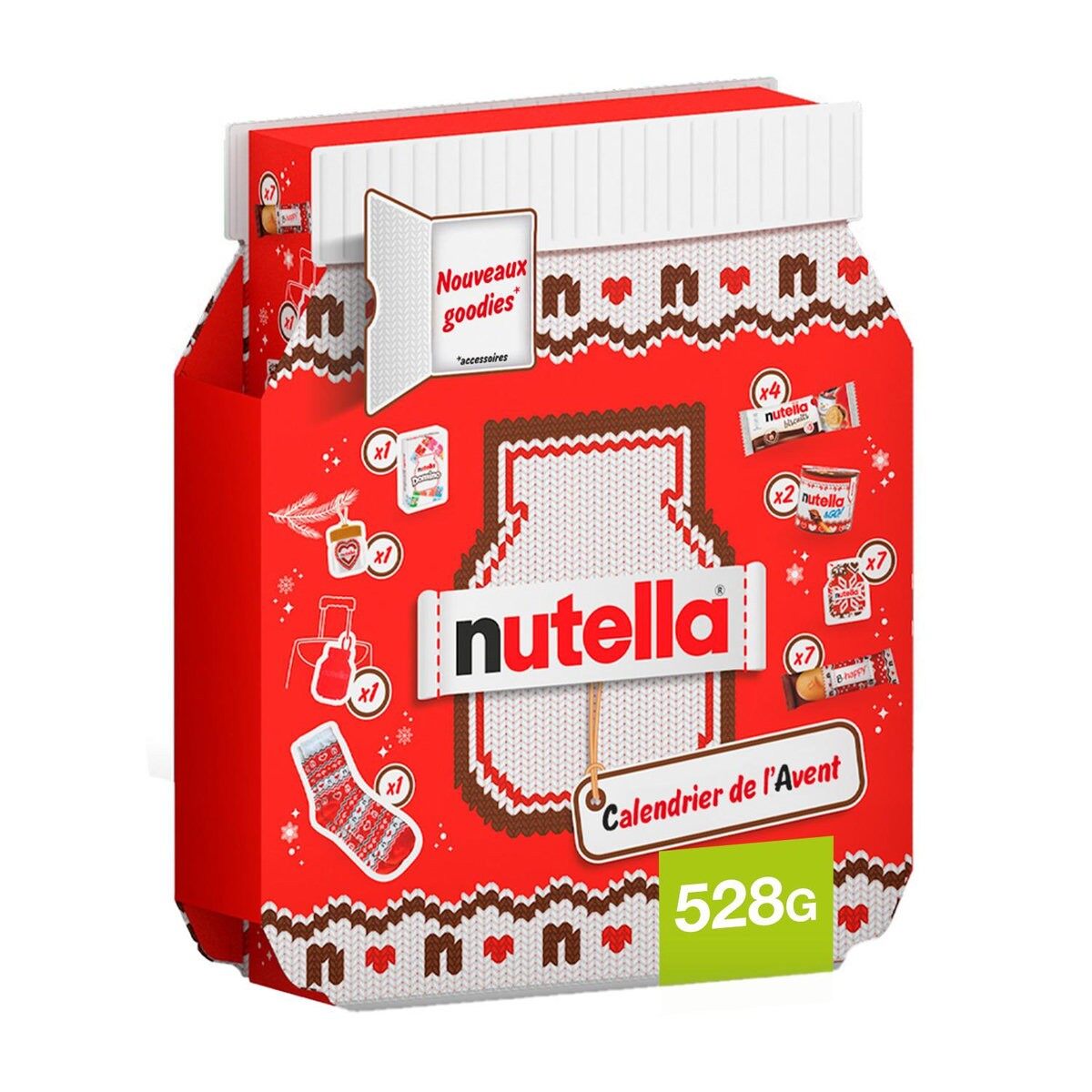 Calendrier de l’Avent Nutella en forme de pot géant habillé d’un motif de pull de Noël rouge et blanc, 528 g