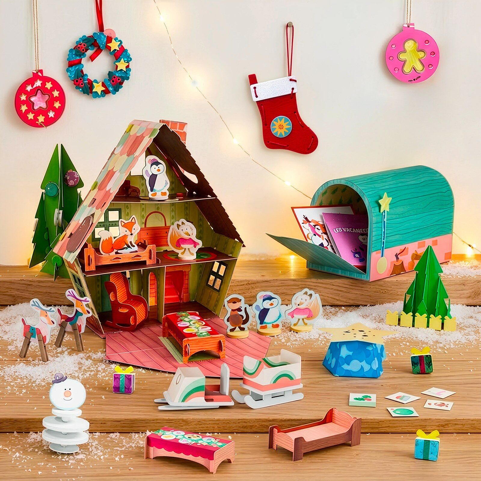 Le calendrier de l’Avent Pandacraft La Boîte aux Lettres 3-7 ans : une boîte aux lettres verte et un chalet de Noël en carton, entourés de décorations à fabriquer