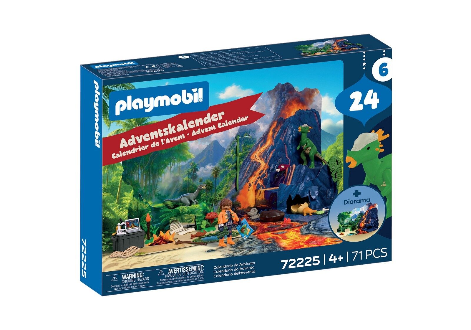 Boîte du calendrier de l’Avent Playmobil Dinos 72225, avec un volcan et une jungle