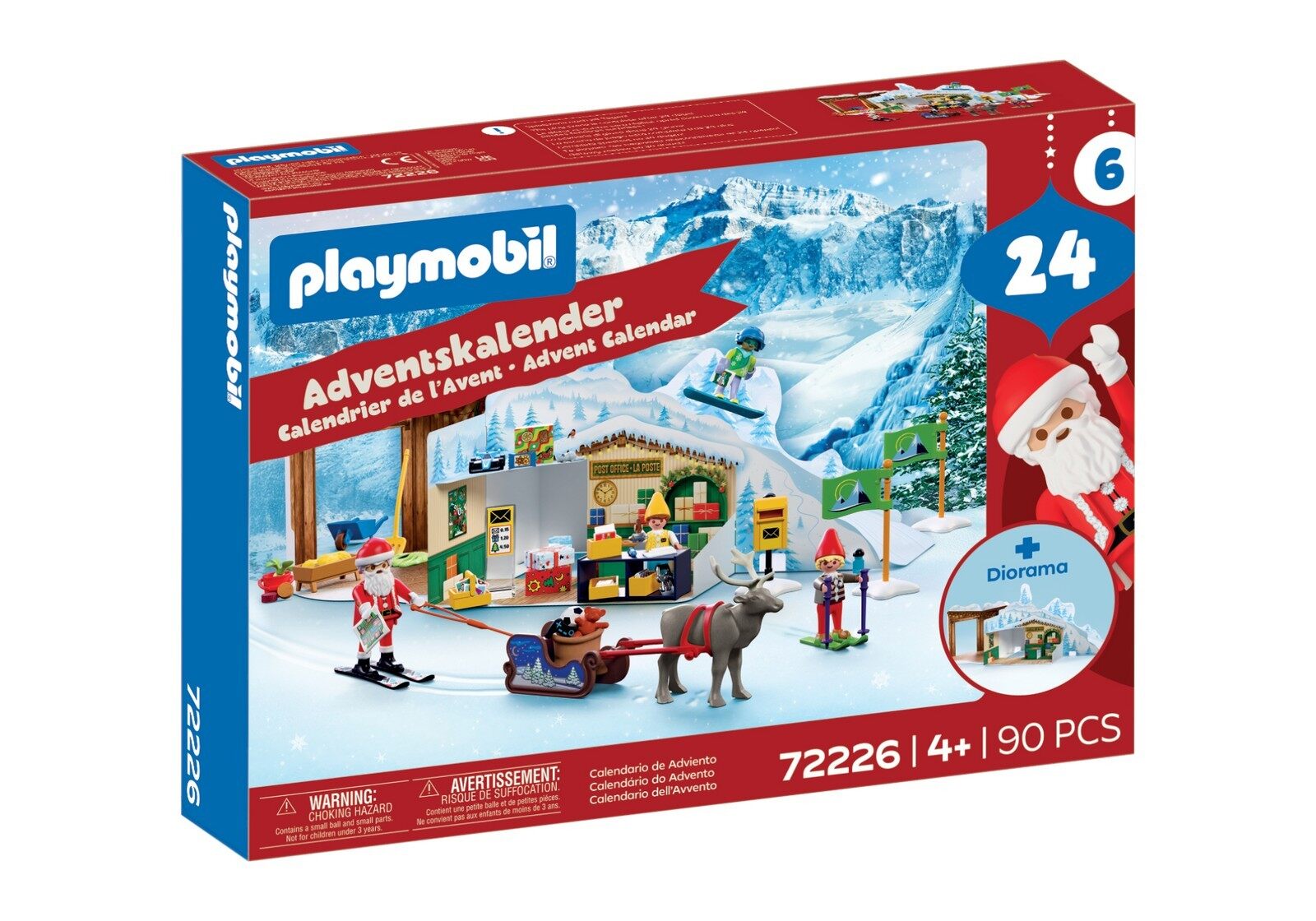 Boîte du calendrier de l’Avent Playmobil Lutin de Noël 72226, avec le Père Noël, un renne et un village enneigé