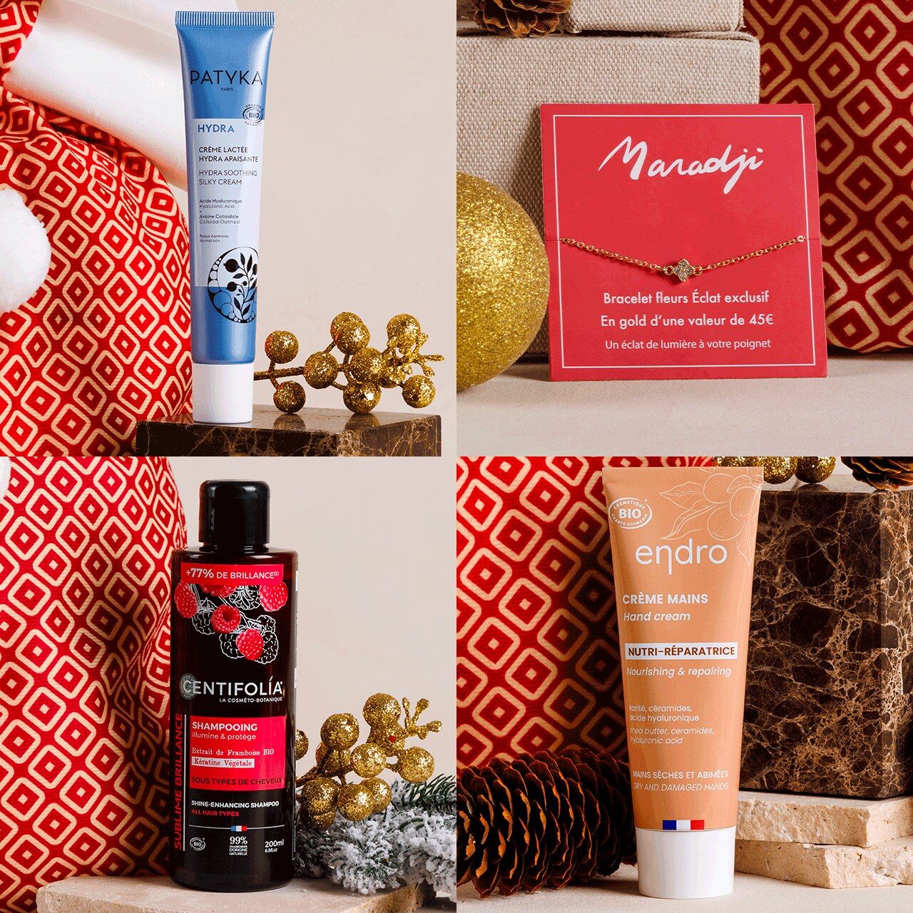 Quatre produits du calendrier Prescription Lab 2026 : crème lactée Hydra Patyka, bracelet doré Maradji sur sa carte rouge, shampooing Centifolia et crème mains Endro