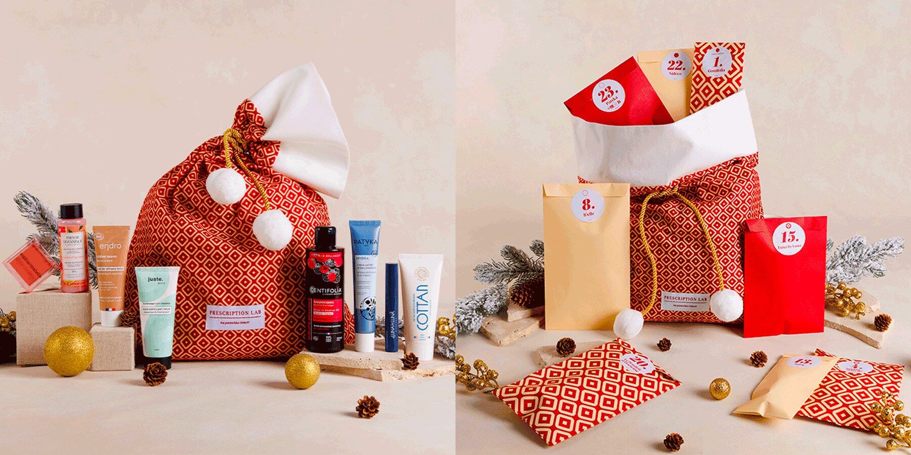 Le calendrier de l’Avent Prescription Lab 2026 : une hotte en tissu rouge à pompons blancs entourée de produits de beauté, et des pochettes numérotées ouvertes au pied de la hotte