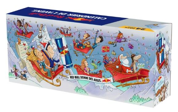 Coffret du calendrier de l’Avent Red Bull 2026 illustré de traîneaux, de personnages et du Père Noël dans un décor enneigé