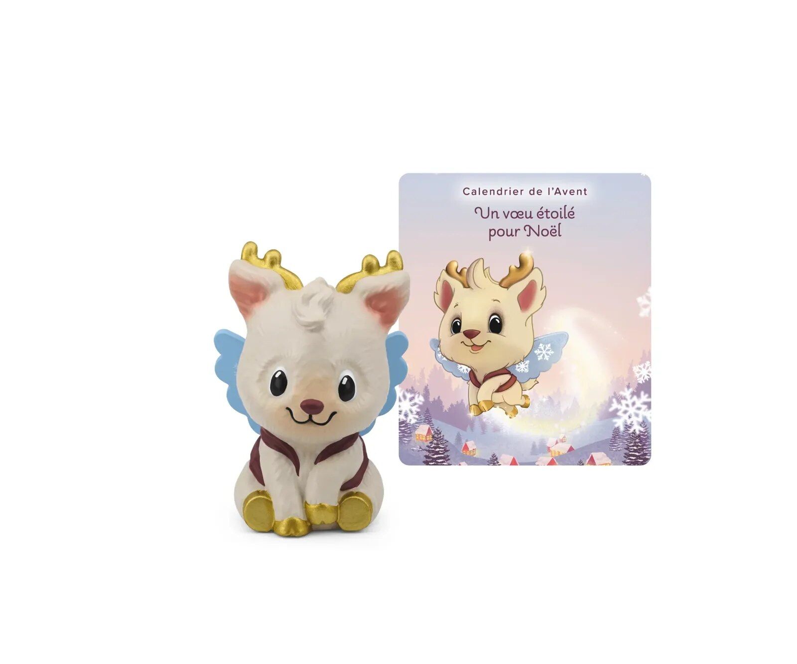 La figurine Tonie du calendrier de l’Avent « Un vœu étoilé pour Noël », une petite renne ailée, à côté de la carte de l’histoire