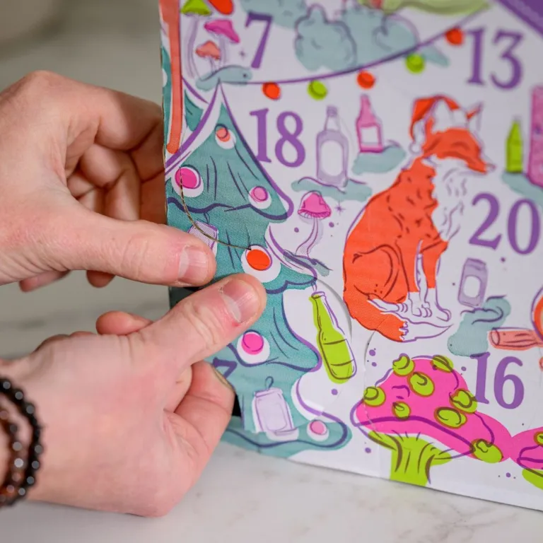 Deux mains ouvrent une case numérotée du calendrier de l’Avent Une Petite Mousse 2026, illustrée d’une forêt et d’un renard