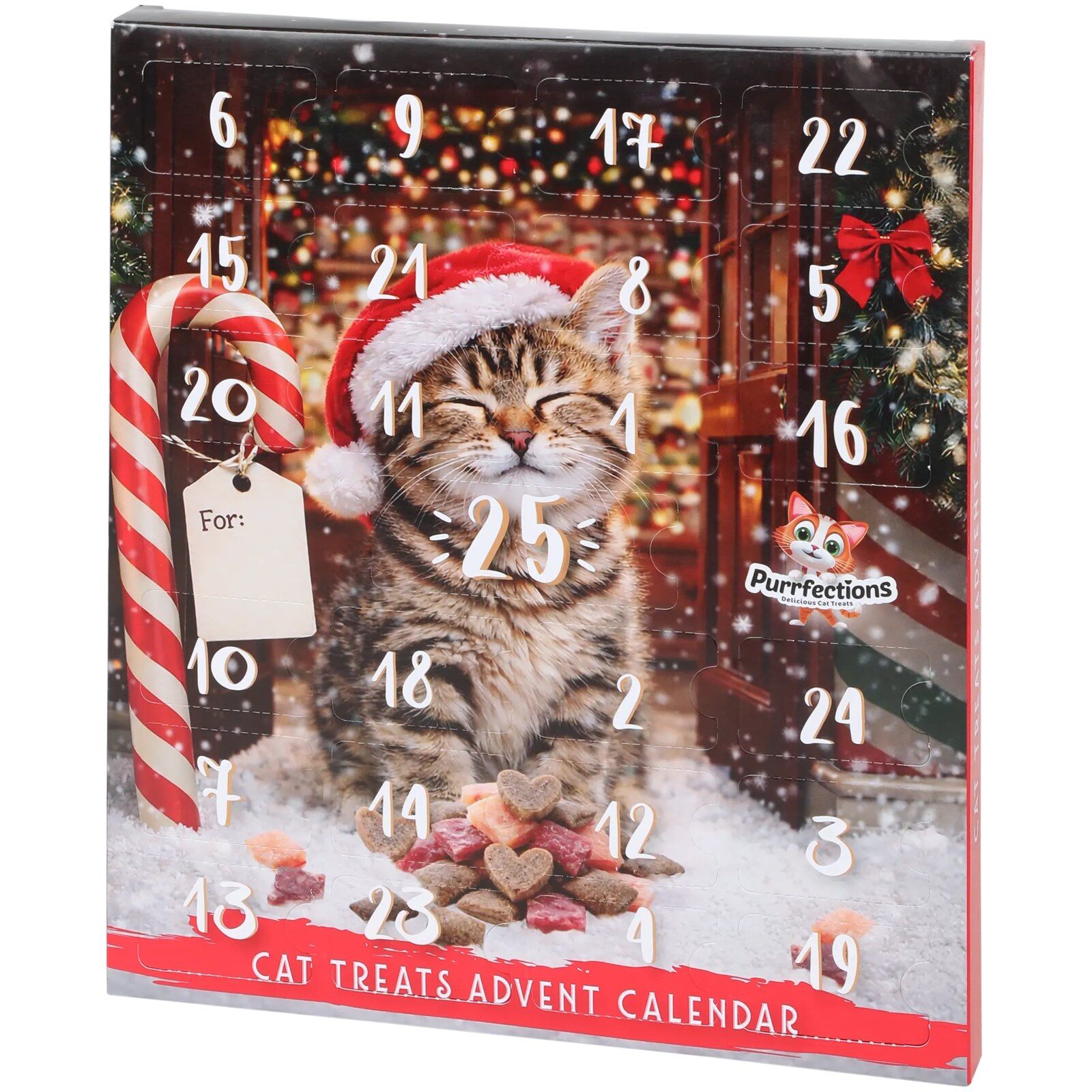 Le calendrier de l’Avent pour chat d’Action, illustré d’un chat tigré coiffé d’un bonnet de Noël et de cases numérotées