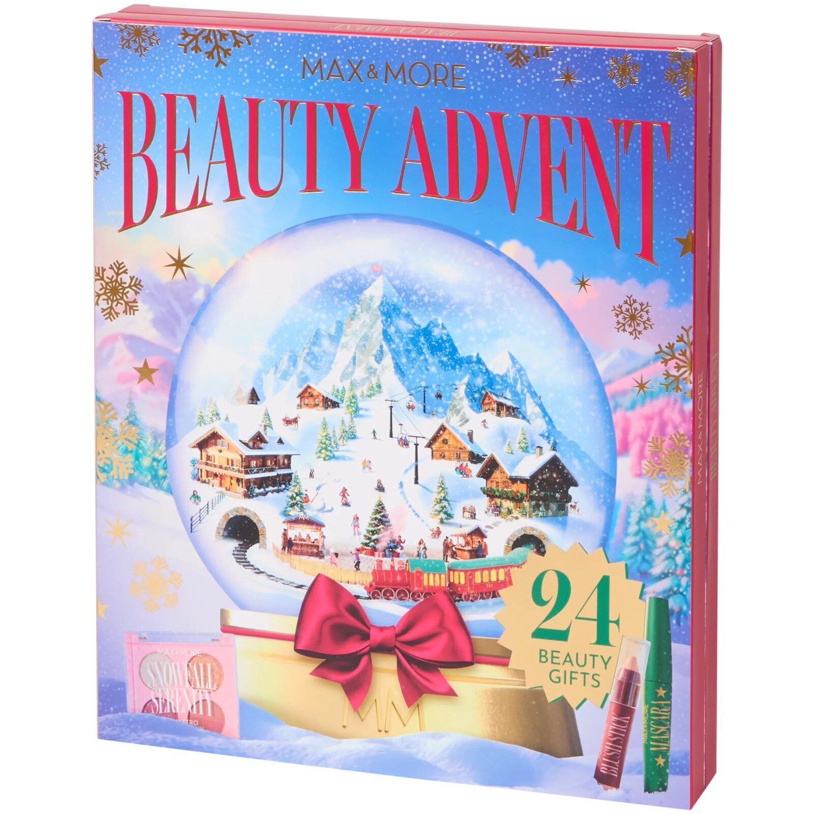 Le calendrier de l’Avent premium Max & More 2026 d’Action, une boîte illustrée d’une boule à neige et d’un village enneigé, titrée Beauty Advent