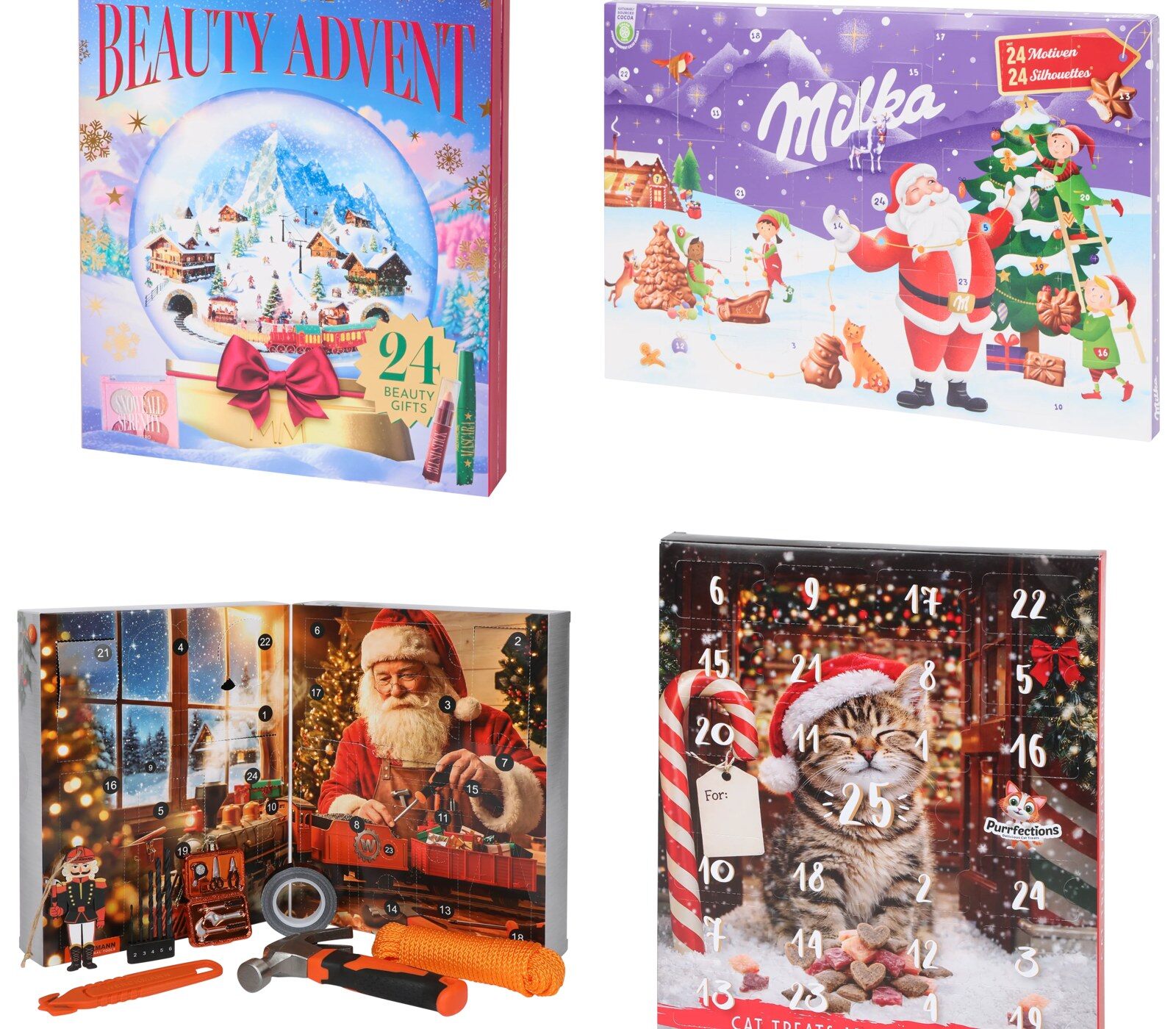 Quatre calendriers de l’Avent Action 2026 : le calendrier beauté Max & More, le calendrier Milka, le calendrier bricolage Werckmann et le calendrier pour chat