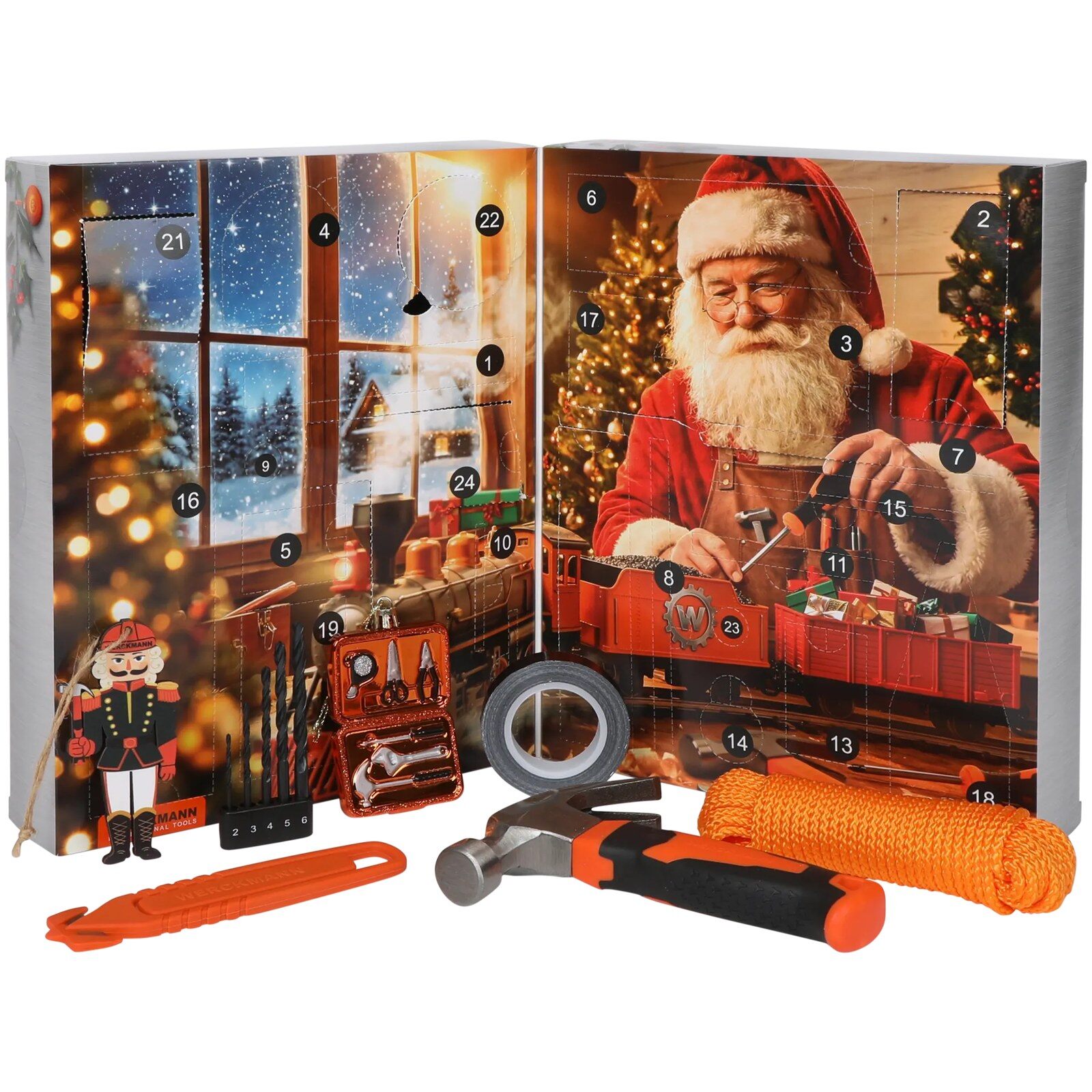 Le calendrier de l’Avent Werckmann d’Action, illustré d’un Père Noël dans son atelier, avec des outils et des accessoires de bricolage