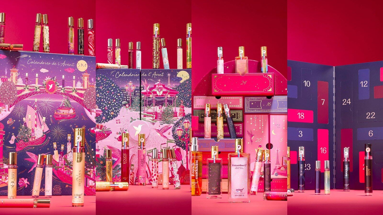 Les calendriers de l’Avent Adopt 2026 Échappée sur la Seine Étoilée, Jardin d’Hiver, Galerie Dorée et 24 Shades of Him côte à côte, entourés de flacons de parfum