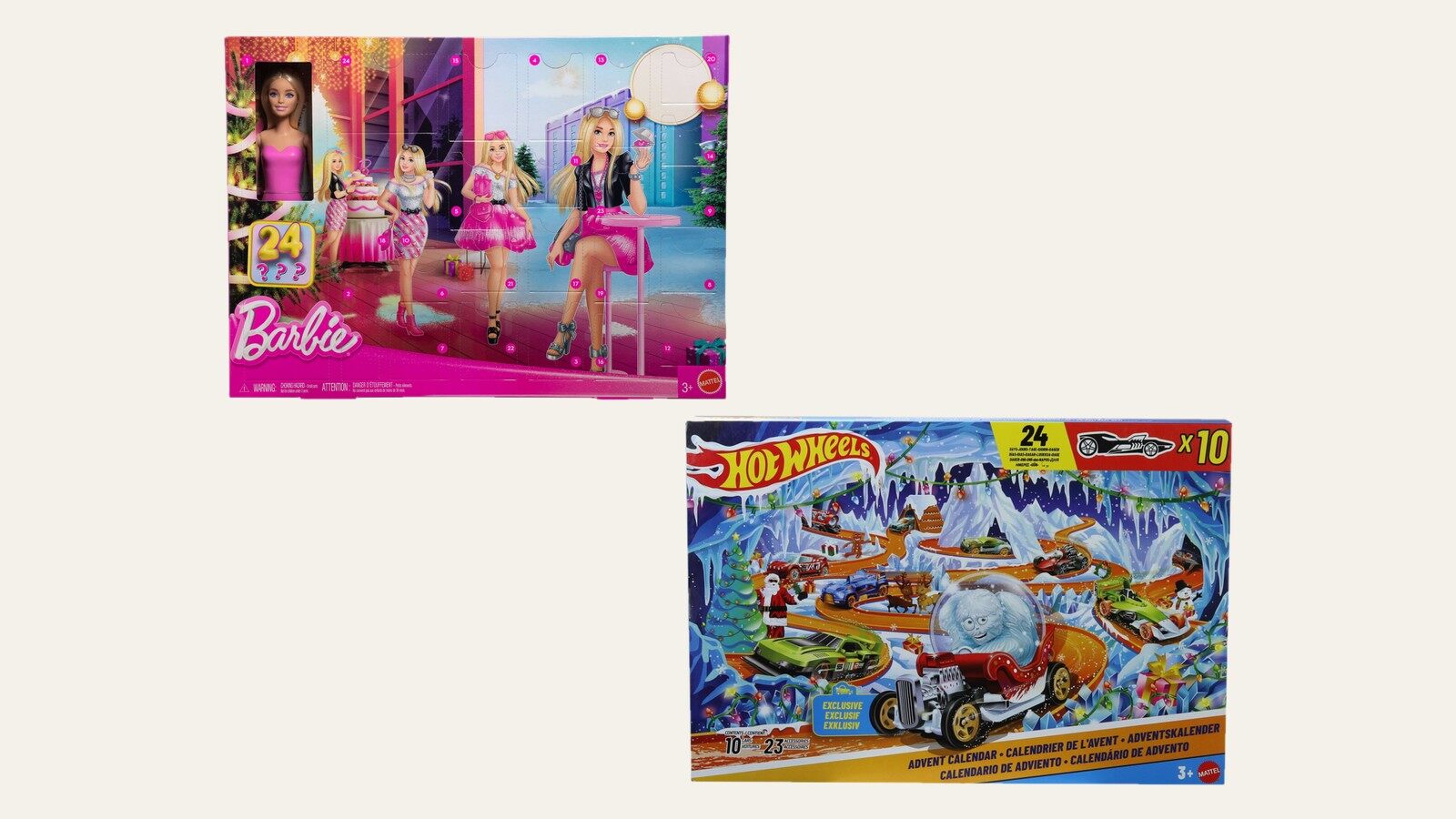 Les boîtes des calendriers de l’Avent Barbie et Hot Wheels 2026 de Mattel, vendus chez Lidl