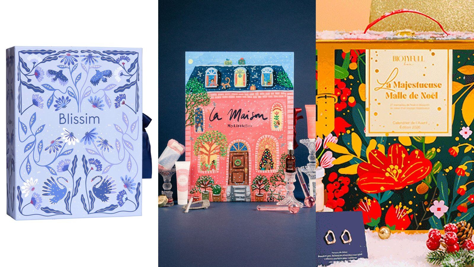 Les calendriers de l’Avent 2026 de Blissim, My Little Box (Calendrier Illustré) et Biotyfull Box côte à côte