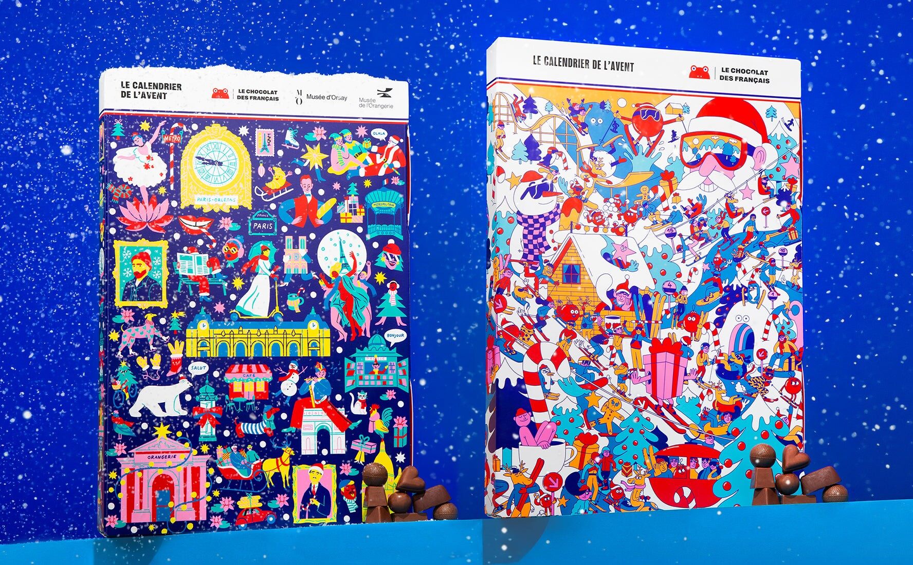 Les calendriers de l’Avent Le Chocolat des Français 2026 Musée d’Orsay et Noël à ski sur fond bleu enneigé