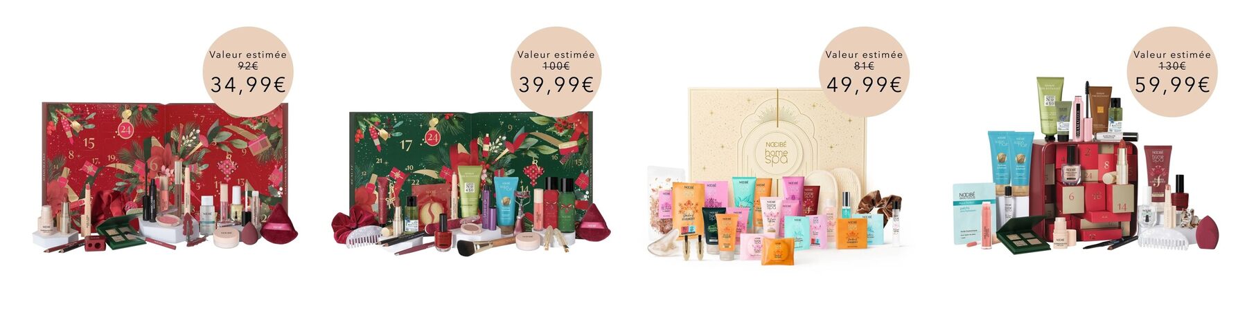 Les quatre calendriers de l’Avent Nocibé 2026 avec leurs produits : Maquillage, Beauté, Home Spa et Prestige