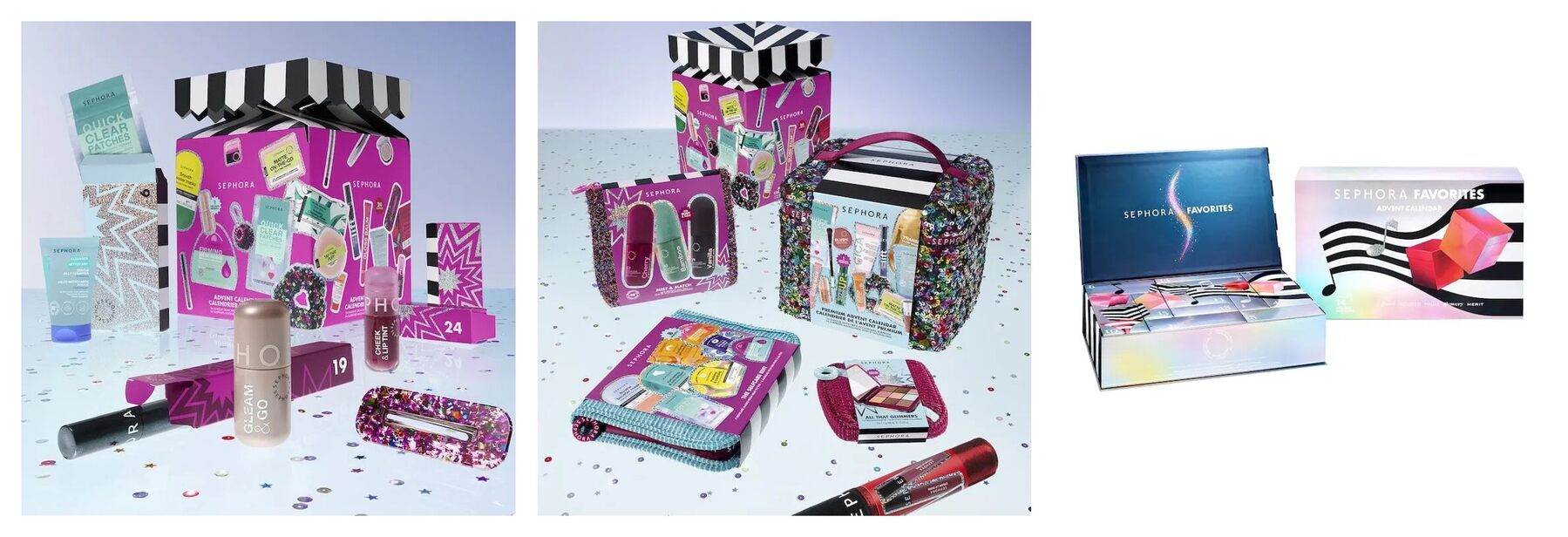 Les trois calendriers de l’Avent Sephora 2026 : le cracker Sephora Collection, le vanity à sequins Premium et le coffret multimarque Favorites