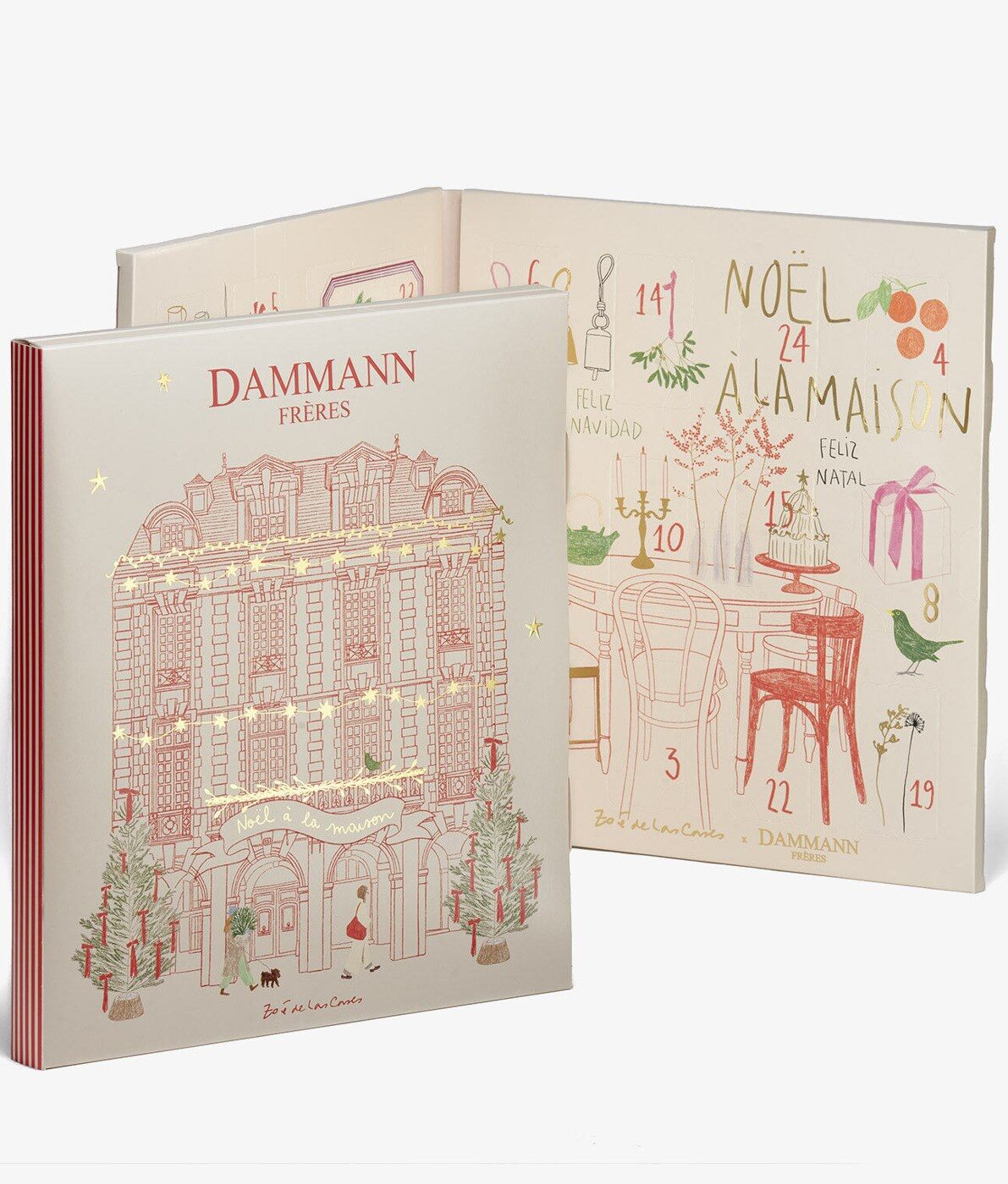 Le calendrier de l’Avent Dammann Frères 2026 illustré par Zoé de Las Cases, façade de maison de Noël aux tons rose et crème