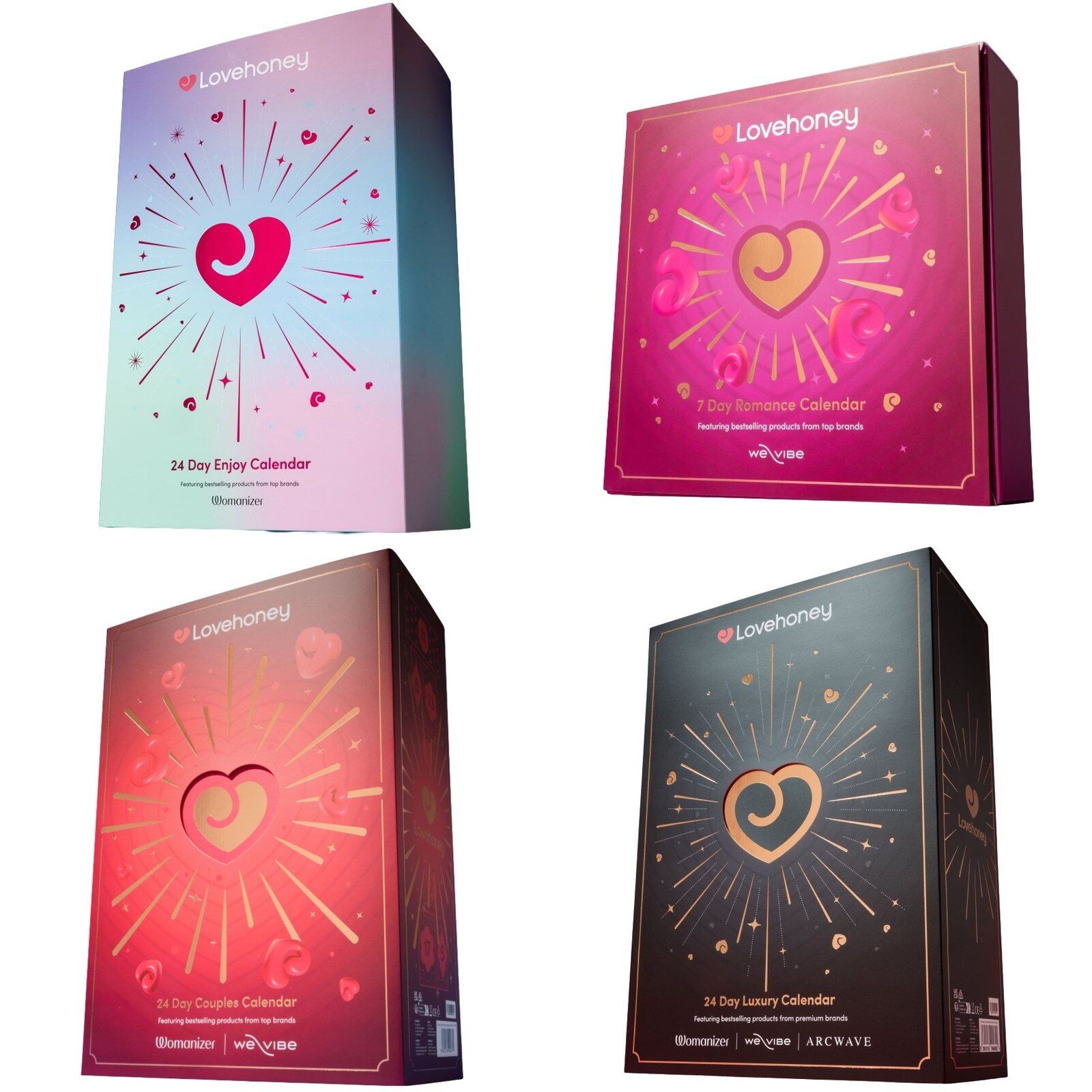 Les quatre calendriers de l’Avent Womanizer 2026 fermés : Enjoy aux tons pastel, Romance rose, Couples rouge et Luxe noir et or