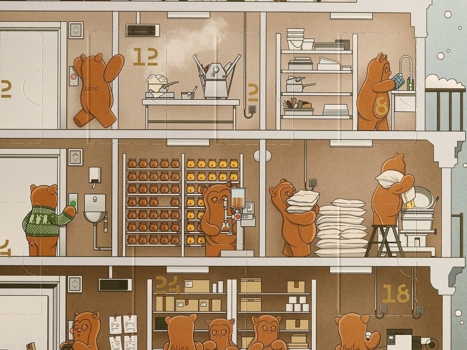 Détail de l’illustration du calendrier Tome 2 : des oursons travaillent dans une chocolaterie en coupe, entre étagères de chocolats et cartons