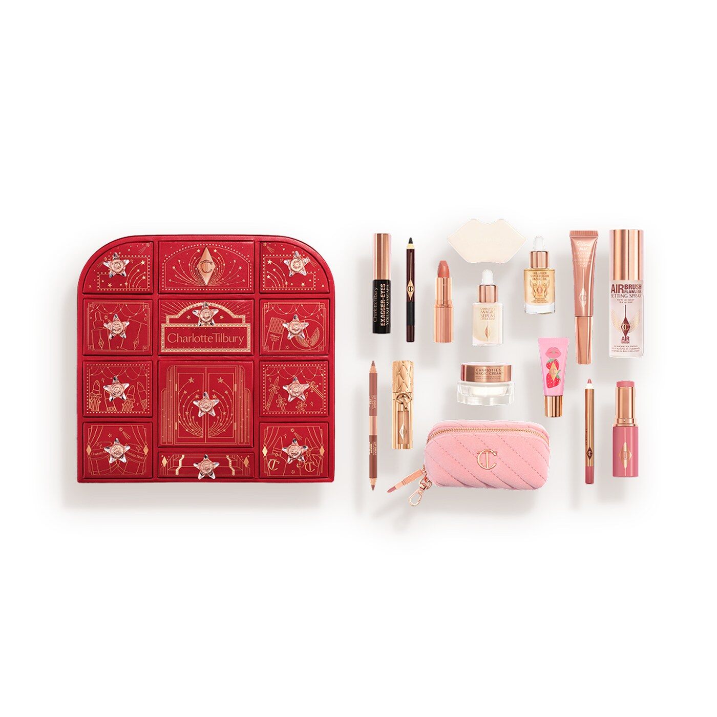 Le calendrier de l’Avent Charlotte Tilbury 2026 et ses 15 produits disposés à côté