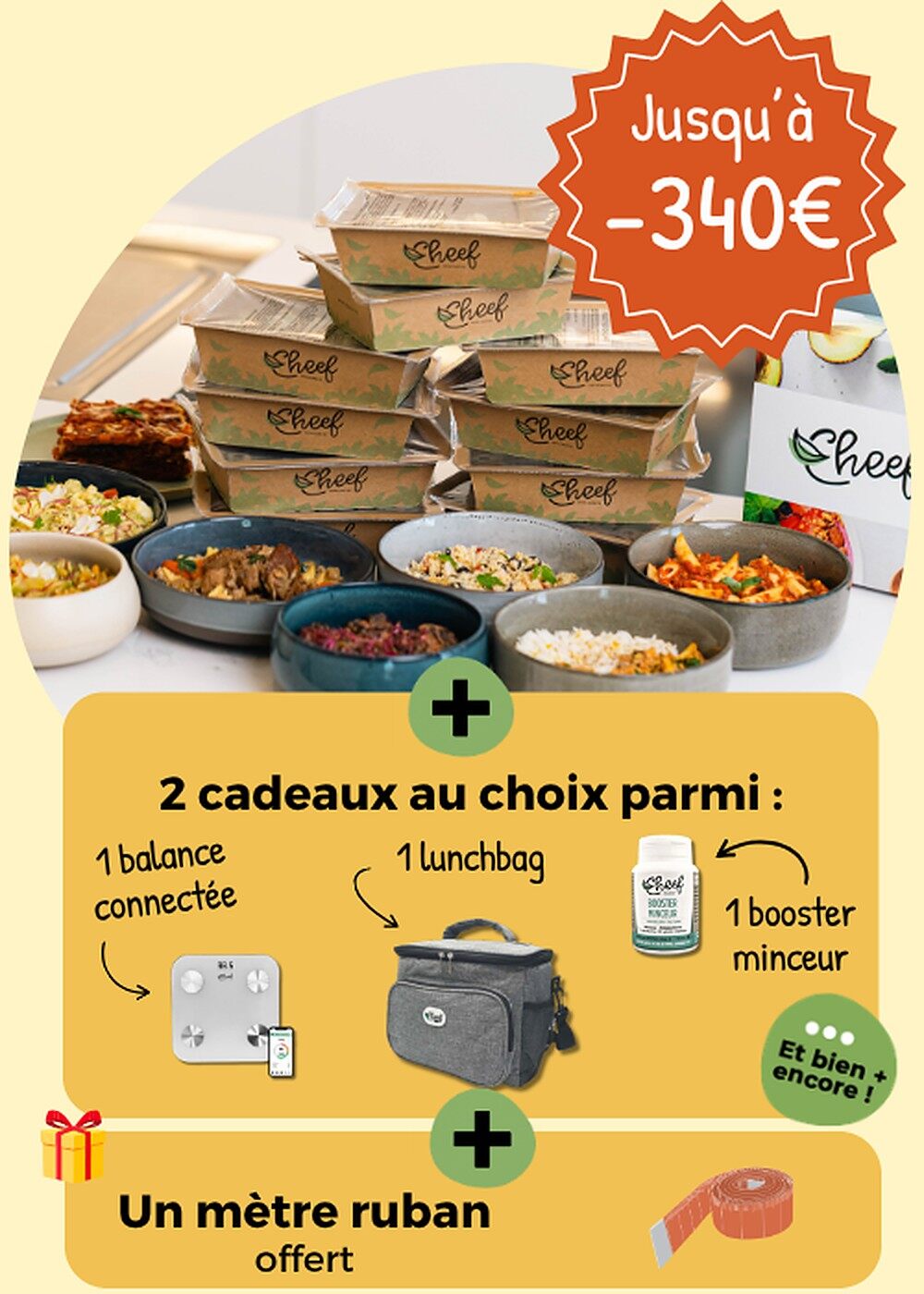 Visuel de l’offre d’automne Cheef : plats en barquettes, balance connectée, lunchbag, booster minceur et mètre ruban