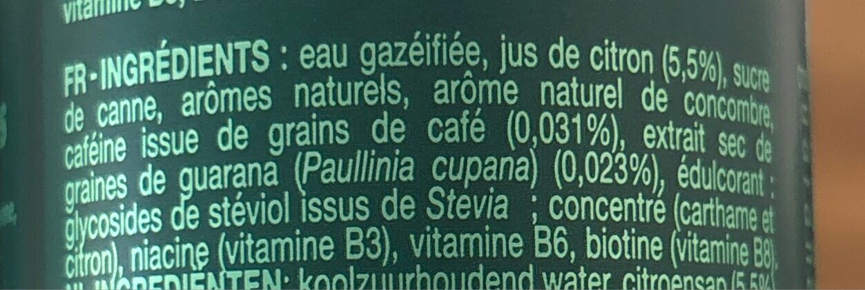 Liste des ingrédients imprimée sur une canette Ciao Energy Kiwi Concombre